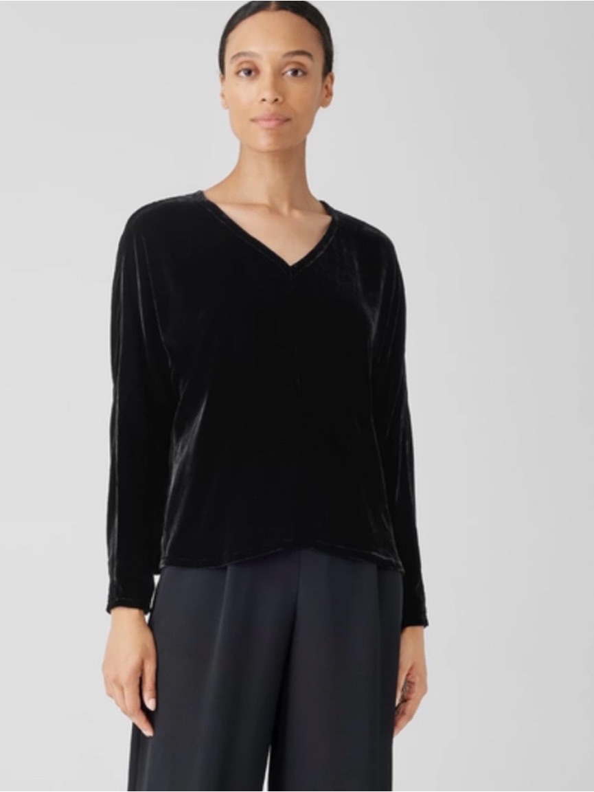 Eileen Fisher Black Velvet V-Neck Long Sleeve Top
